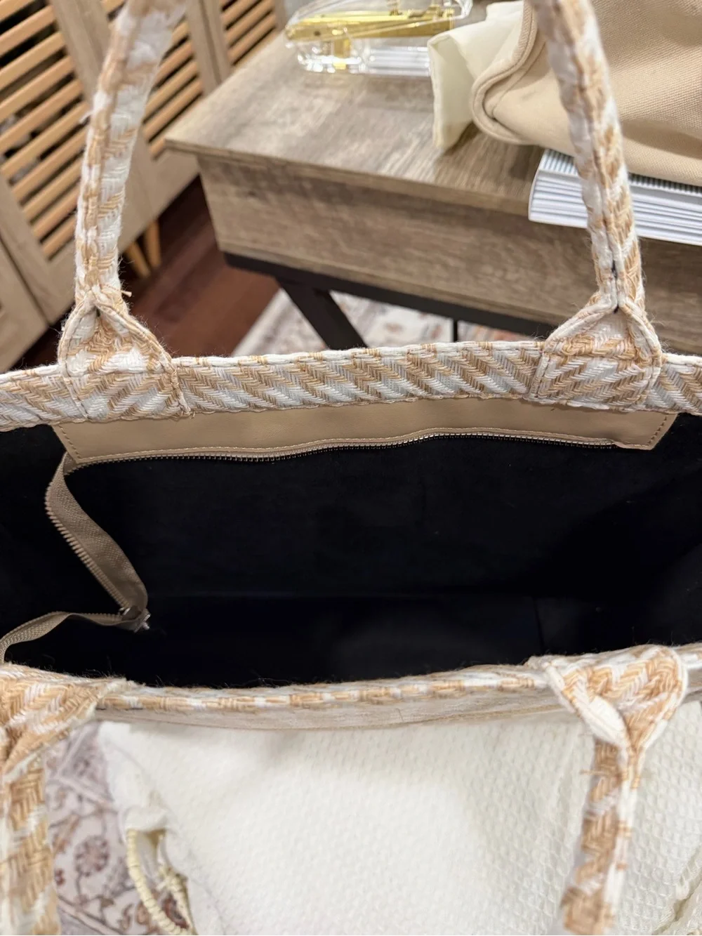 Dior Beige and White Houndstooth Canvas Messenger Tote